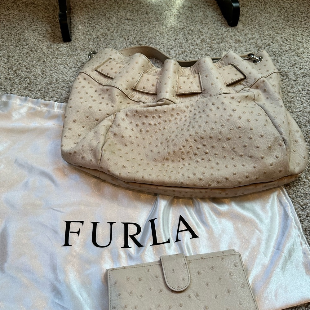 Furla Ostrich Cream Hobo Shoulder Bag with matching wallet